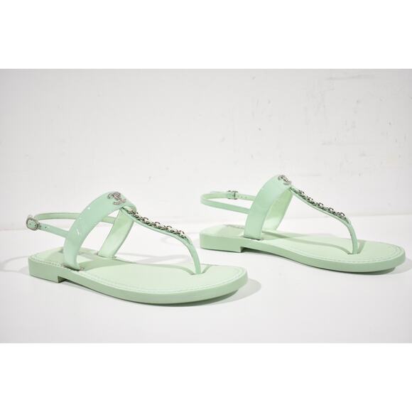 Chanel 22C Green Patent Silver Chain CC Logo Mule Slide Flat Thong Sandal 37 - Picture 3 of 12